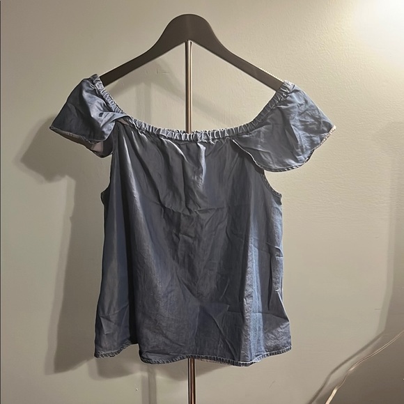 J. Crew Denim Style Blue Ruffled Off-Shoulder Puff Sleeve Blouse - Picture 1 of 6